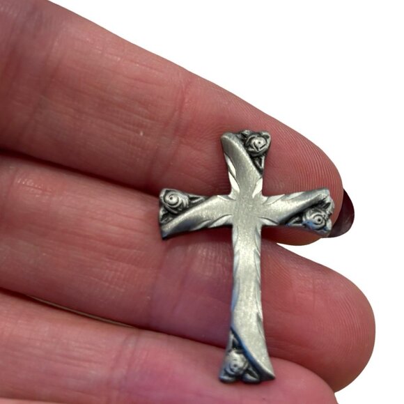 Handmade Fine Pewter Cross Pin Roses New England Vintage NWT Classic Elegant - Picture 2 of 8